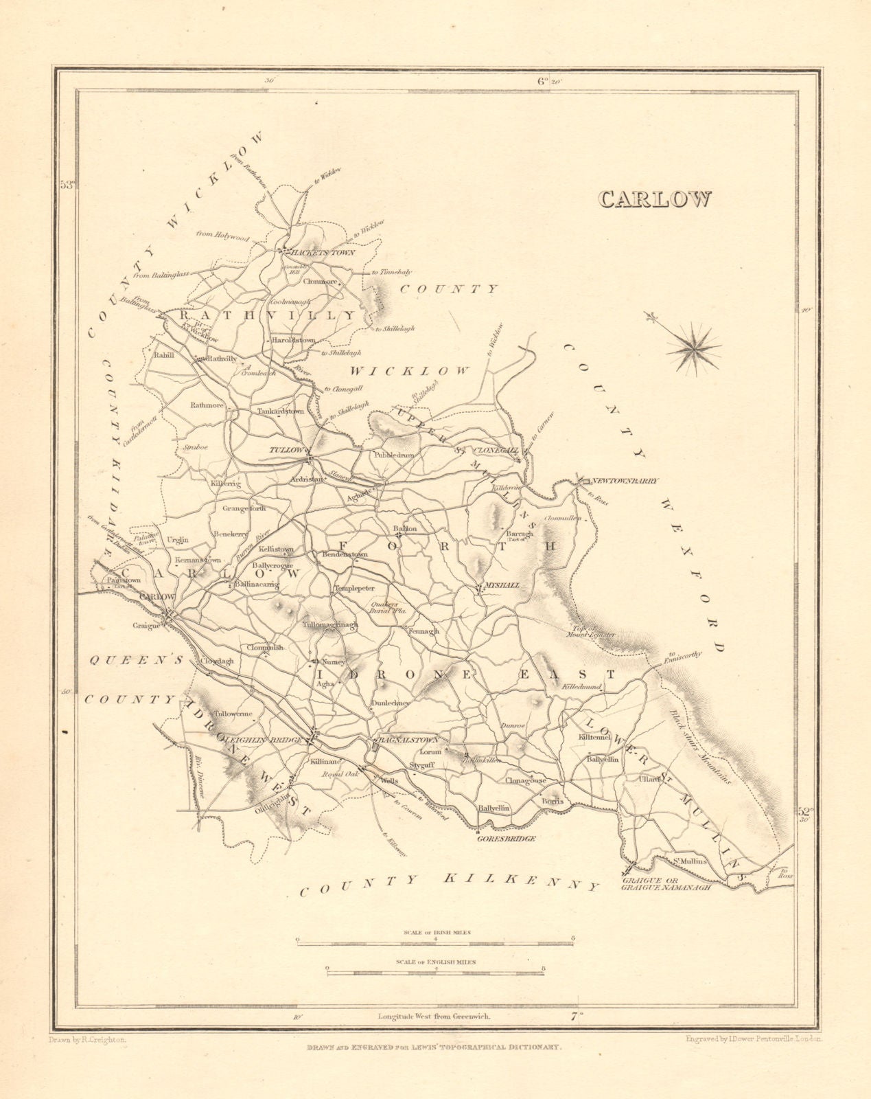 COUNTY CARLOW antique map for LEWIS by CREIGHTON & DOWER - Ireland 1846